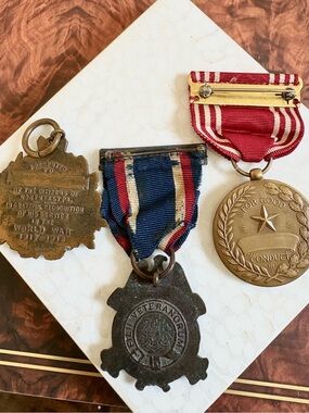 Vintage Military Medals with Red and Blue Ribbon Set of Three